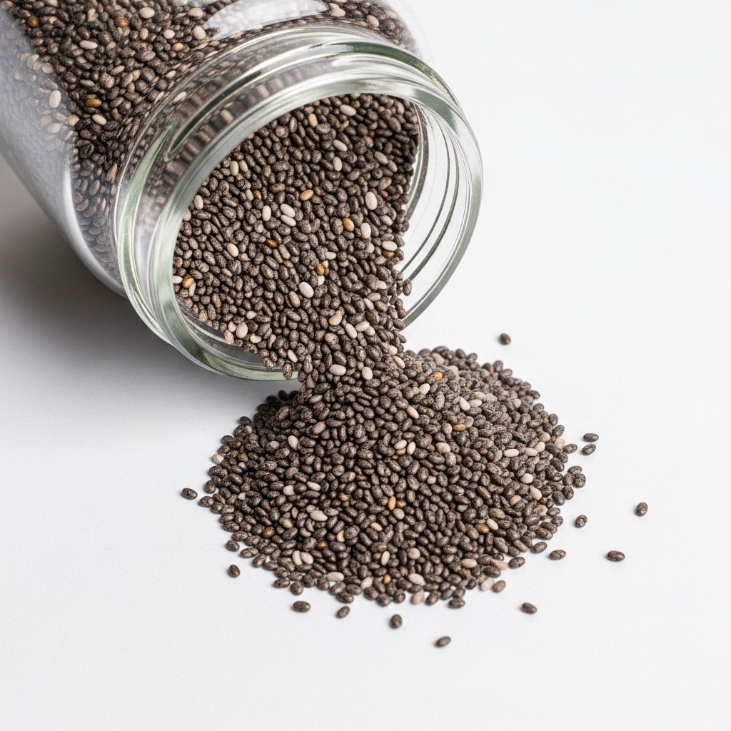 Dried chia seeds poured from a small glass jar onto a flat white surface, showing their small dark oval shape and smooth texture up close