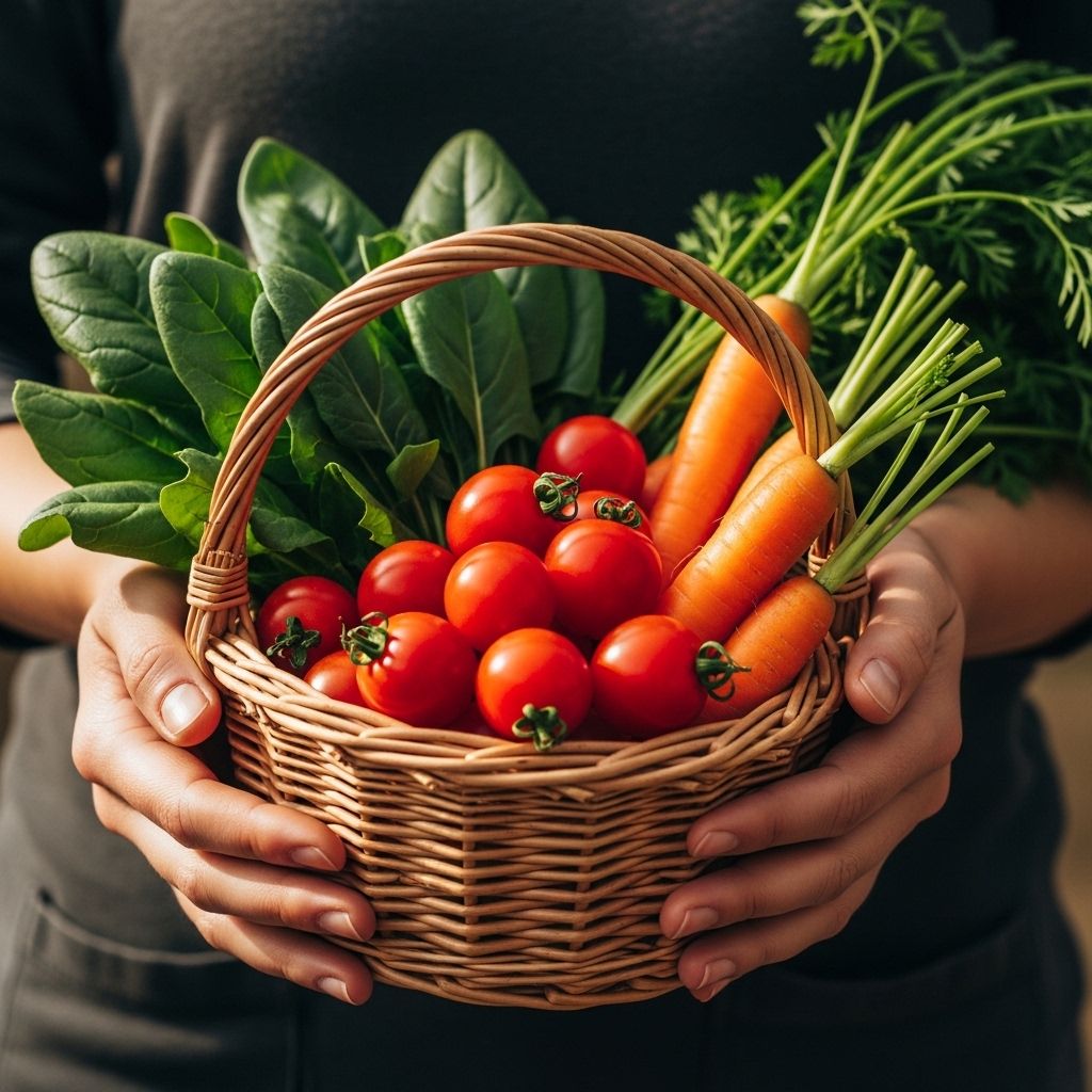 Close-up of two hands holding a small wicker basket filled with colorful fresh vegetables including cherry tomatoes, leafy greens, and orange carrots in warm natural light