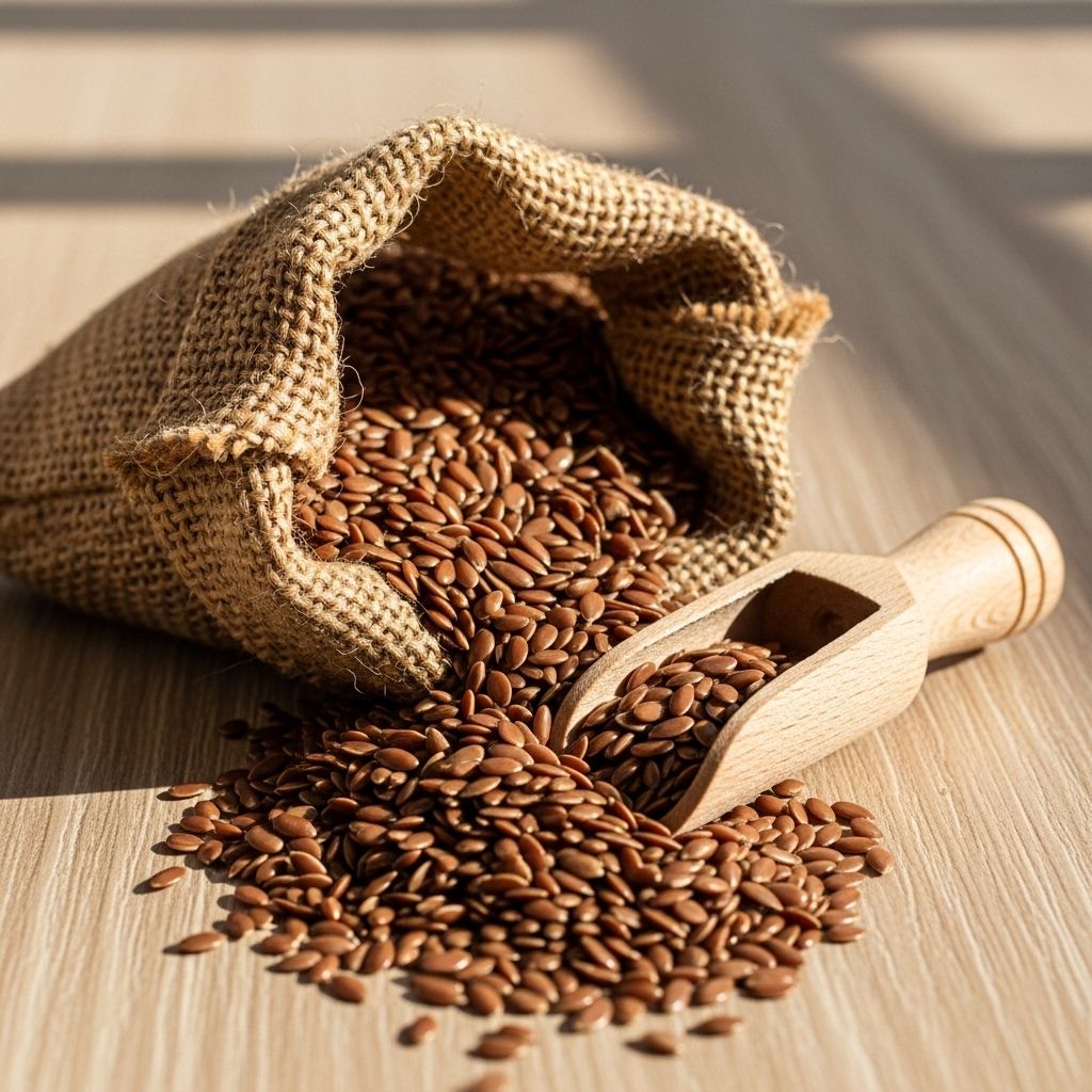 A small burlap sack tipped over with whole brown flaxseeds spilling onto a natural wood surface, with a wooden scoop resting beside them in warm afternoon light