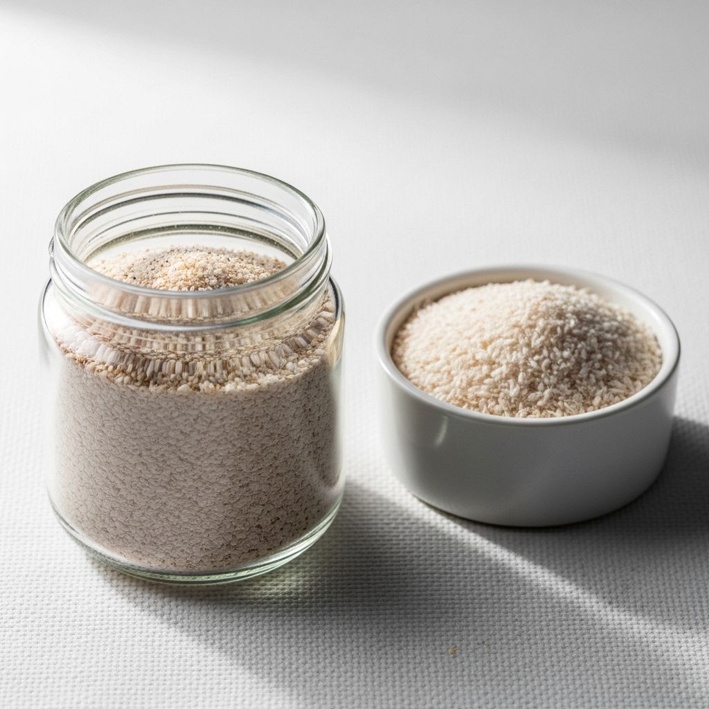 A glass jar half filled with psyllium husk powder next to a small bowl of whole psyllium husks on a white textured surface with natural side lighting