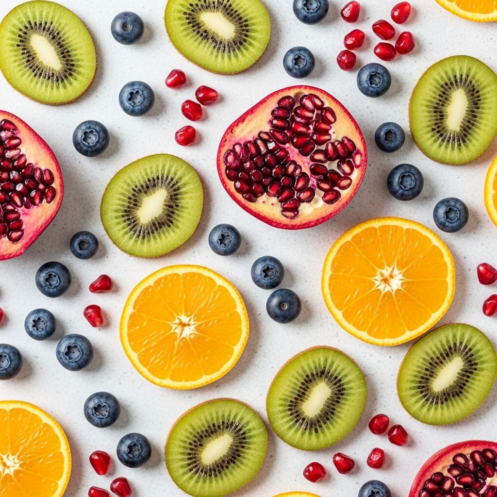Fresh seasonal fruits including blueberries, sliced kiwi, orange segments, and pomegranate seeds arranged in an artful flat lay on a light stone surface